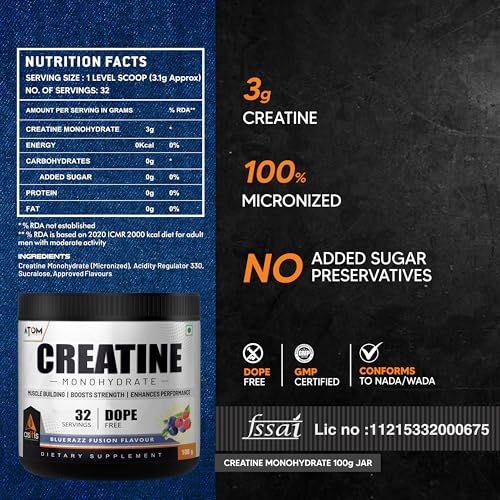 Image of AS-IT-IS ATOM Creatine Monohydrate 100g - 32 Servings | Dope Free | Enhances Performance | Promotes Muscle Gains | Blue razz Flavour