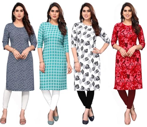 Image of JAKHANA Women's Crepe Printed Casual Straight Calf Length Round Nick Kurta Pack of 4
