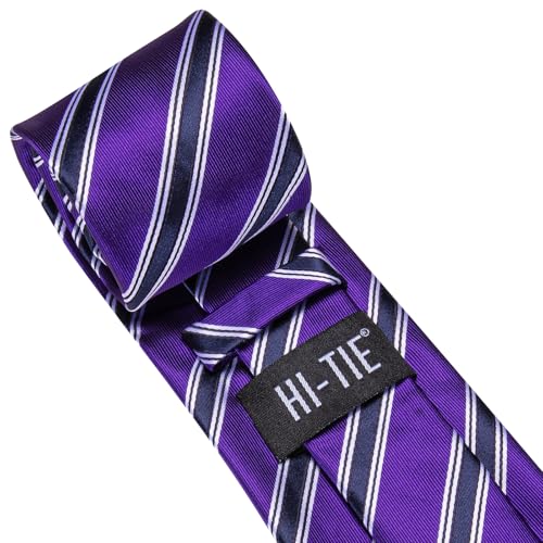 Image of Hi-Tie Navy Purple Ties for Men Silk Business Necktie Striped Mens Tie and Flower Lapel Pin Pocket Square Cufflinks Set