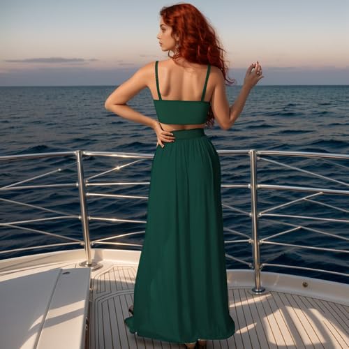Women Sexy 2 Piece Outfits Dress Chiffon Strap Deep V Neck Bra Crop Top High Split Maxi Dresses Skirt Set2