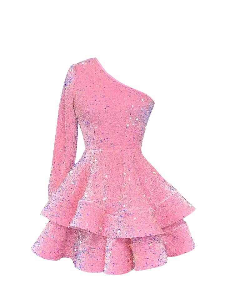 OFEECHUN Women's One Shoulder Sequin Homecoming Dress Short Sparkly Layered Long Sleeve Cocktail Gowns