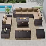 RTDTD Outdoor Patio Furniture Set with Propane Fire Pit Table, 13 Pieces Outdoor Furniture Patio Sectional Sofas Conversation Sets w/ETL Approved 43" Gas Outdoor Fire Table & Coffee Table (Brown).