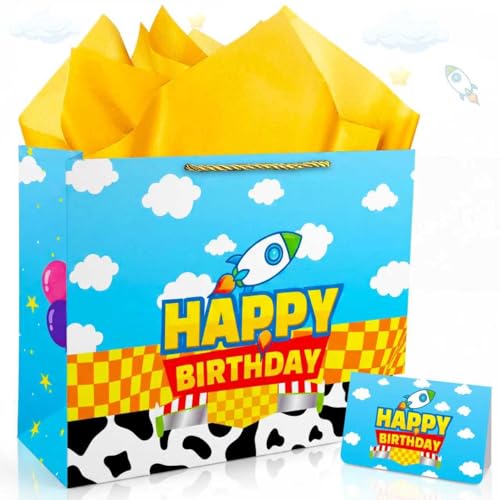 CHENRINDECO 13 Large Cartoon Story Birthday Gift Bag (Includes Card Colored Paper Envelope and Stickers) Blue Sky and White Clouds Rocket Party Favor Bag Cartoon Themed Birthday Party Supplies