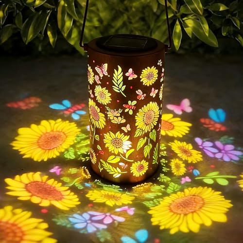 Colorful Solar Lanterns Outdoor Waterproof Garden Decor Gifts for Women Mom Grandma - LED Colorful Sunflower Solar Powered Lights Metal Hanging Lantern for Outside Garden Patio Yard Lawn Porch Decor