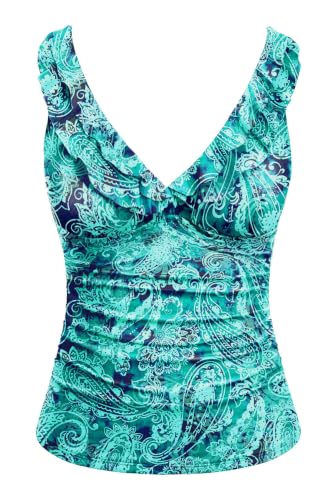 Image of Ruffle V Neck Tankini Top Only Women Tummy Control Swimsuit Tank Top | Removable cups for custom bust lift, Blend soft spandex to stretch easily