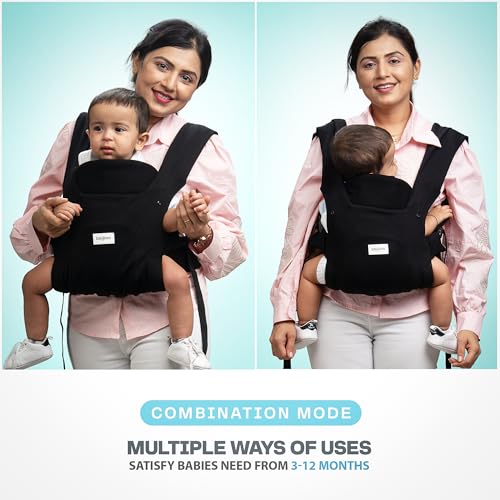 Image of Baybee 2-in-1 Baby Carrier for 0 to 2 Years, Kangaroo Bag with 3-Point Support, Foldable Neck Support, Ergonomic Hip Seat, Front & Back Carry Position (Black)