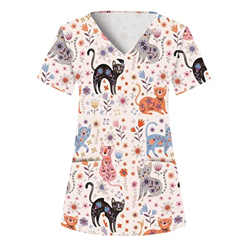 NaLatia 2025 Haut Décontracté et Imprimé Animal pour Femme de Travail Décontracté Manches Courtes Col en V Imprimé Animal Femme Blouse Medicale Uniforme Médical...