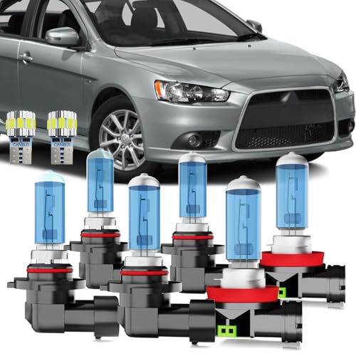 Image of Halogen Headlight Bulb Compatible With Mitsubishi Lancer 2008-2017, 9005 9006 High Low Beam + H11 Fog Lights + License Plate Lights, 6000K White, Plug And Play, Pack of 8