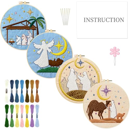 Image of INFUNLY 4Pcs Christmas Embroidery Kits Nativity of Jesus Cross Stitch Kits for Beginners Moon Hand Needlepoint Starter Kit for Adults with Instructions for Thanksgiving Decor Home Room 11.8x11.8in