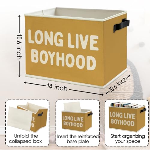 Image of Long Live Boyhood Boys Storage Bins Box with Handles, Yellow Pattern Collapsible Basket Organizer for Kids Teen Boy Nursery Room Bedroom Bathroom Playroom Books Clothes