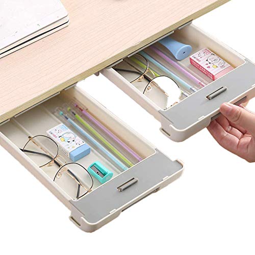 2-Pack Under The Table Drawer,Desk Drawer Organizer, Hidden Under Desktop Self-Adhesive Drawer Pencil Tray, Large Capacity Snap Design Storage Drawer, Great for Office, School, Home Desk (Gary)