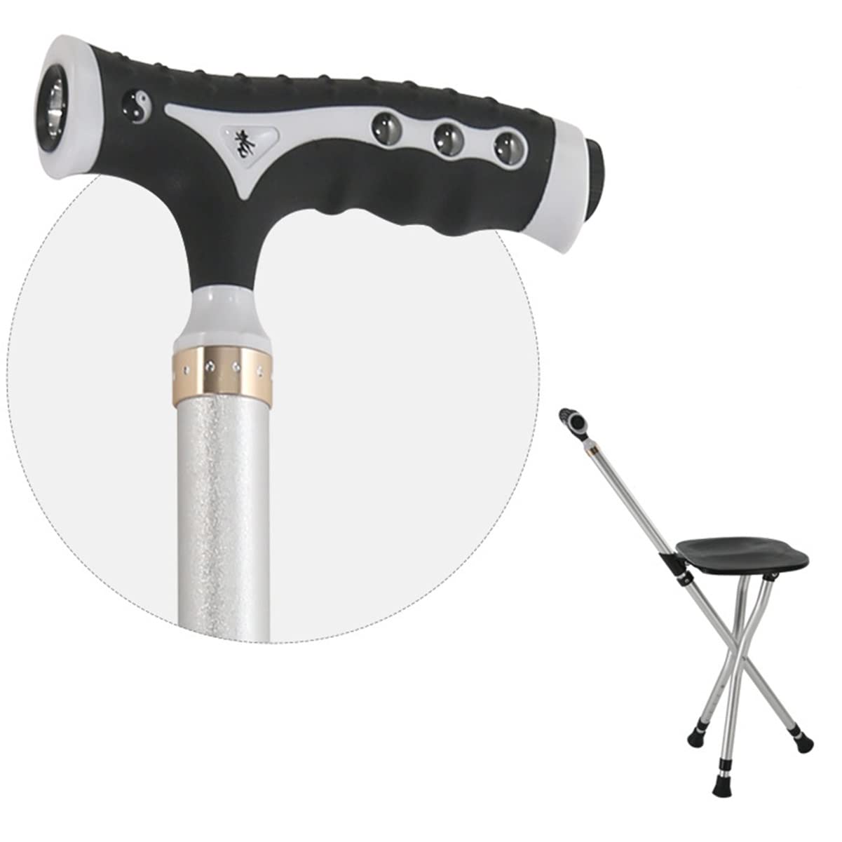 GX Asiento de bastón plegable, silla de muleta ajustable en altura con luz LED, asiento de bastón de aleación de aluminio antideslizante, para personas mayores, discapacitados al aire libre, de espera