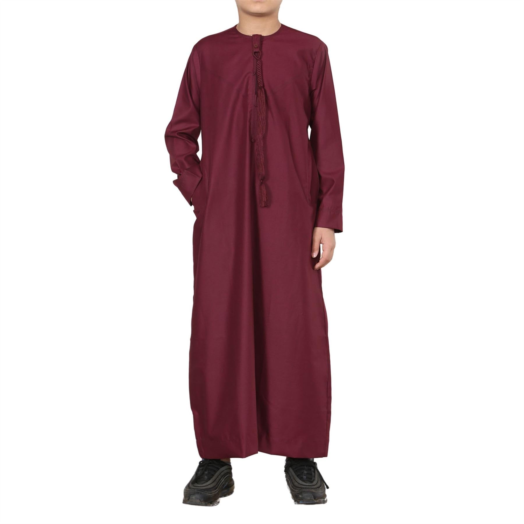 Boy's Thobe Emirati Omani Jubba Islamic Clothing Muslim Kaftan Eid Robe String Tassel - Wine 42