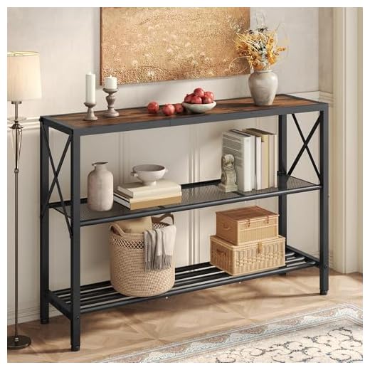 Hoctieon Industrial Console Table, 3 Tier Entryway Table, Hallway Table, Narrow Sofa Table with Shelves, Entrance Table for Entryway, Living Room, Foyer, Hallway, Office, Rustic Brown&Black