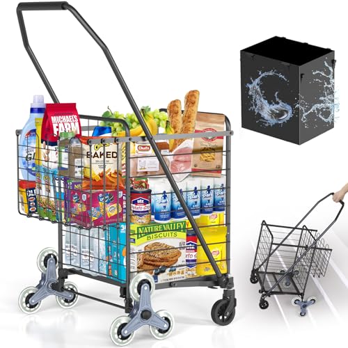 [Upgrade] Shopping Cart for Groceries, 280 LBS Large Grocery Cart with Waterproof Liner, 360° Rolling Swivel Wheels, Heavy Duty Utility Cart Folding Shopping Carts for Laundry Luggage Gift