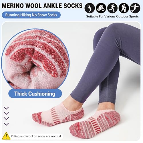 Image of Merino Wool Ankle Athletic Running No Show Socks Cushioned Breathable Sports Warm Thick Socks for Men and Women 6 Pairs