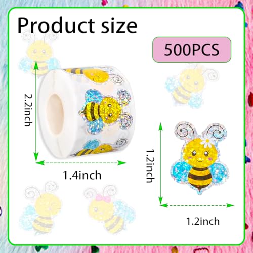 Image of 500Pcs Summer Bee Stickers Roll 1.5in Large Glitter Bumble Bee Seal Stickers 5 Designs Cartoon Animal Waterproof Classroom Reward Decals for Spring Bottle Scrapbook Journal Decor