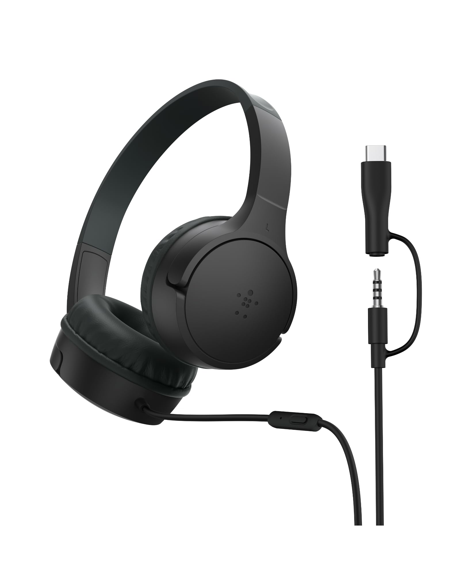 Belkin SoundForm Mini Kids Kablolu Kulaklık (Siyah) – USB-C + 3,5 mm Adaptör, Dahili Mikrofon, 85 dB Ses Sınırı, Eğlenceli Çıkartmalar, iPhone, iPad, Galaxy Uyumlu