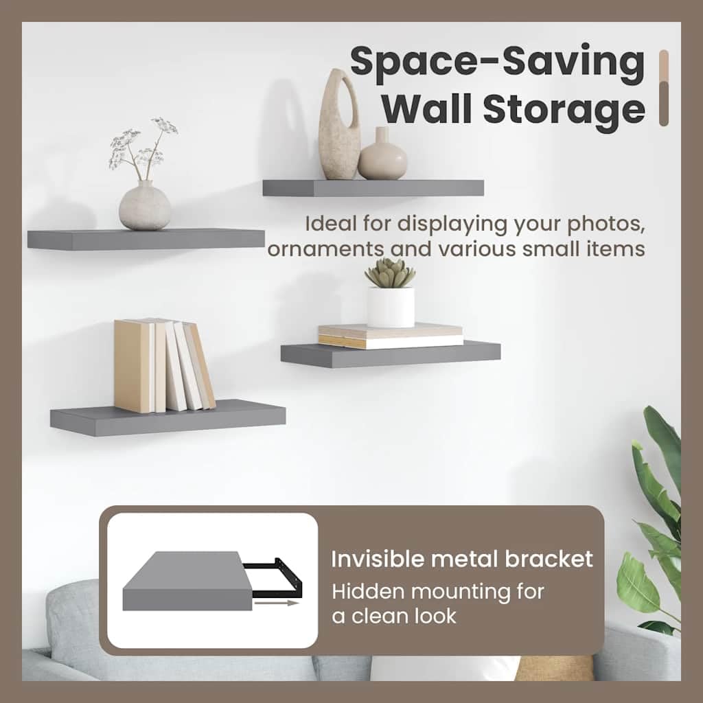 vidaXL Set di 4 mensole sospese da parete moderne, in MDF grigio a nido d'ape, struttura in metallo, sistema di montaggio invisibile