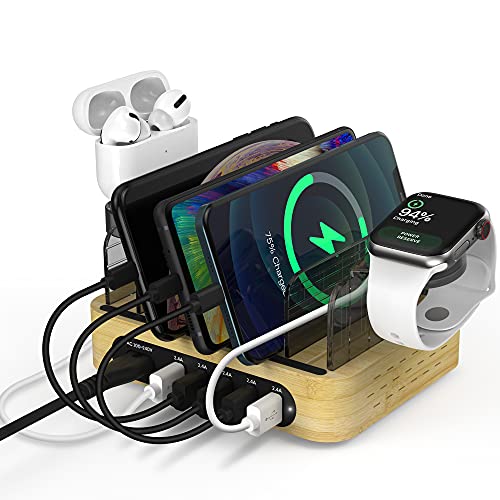 Bamboo Charging Station for Multiple Devices, 40W 5-Port Desktop USB Charger, Charging Stand Dock Compatible iPhone 11/Pro/Max, Galaxy S9/S8, iPad, Tablet and More (5 Charging Cables Included) Bamboo Charging Station for Multiple Devices, 40W 5-Port Desktop USB Charger, Charging Stand Dock Compatible iPhone 11/Pro/Max, Galaxy S9/S8, iPad, Tablet and More (5 Charging Cables Included)