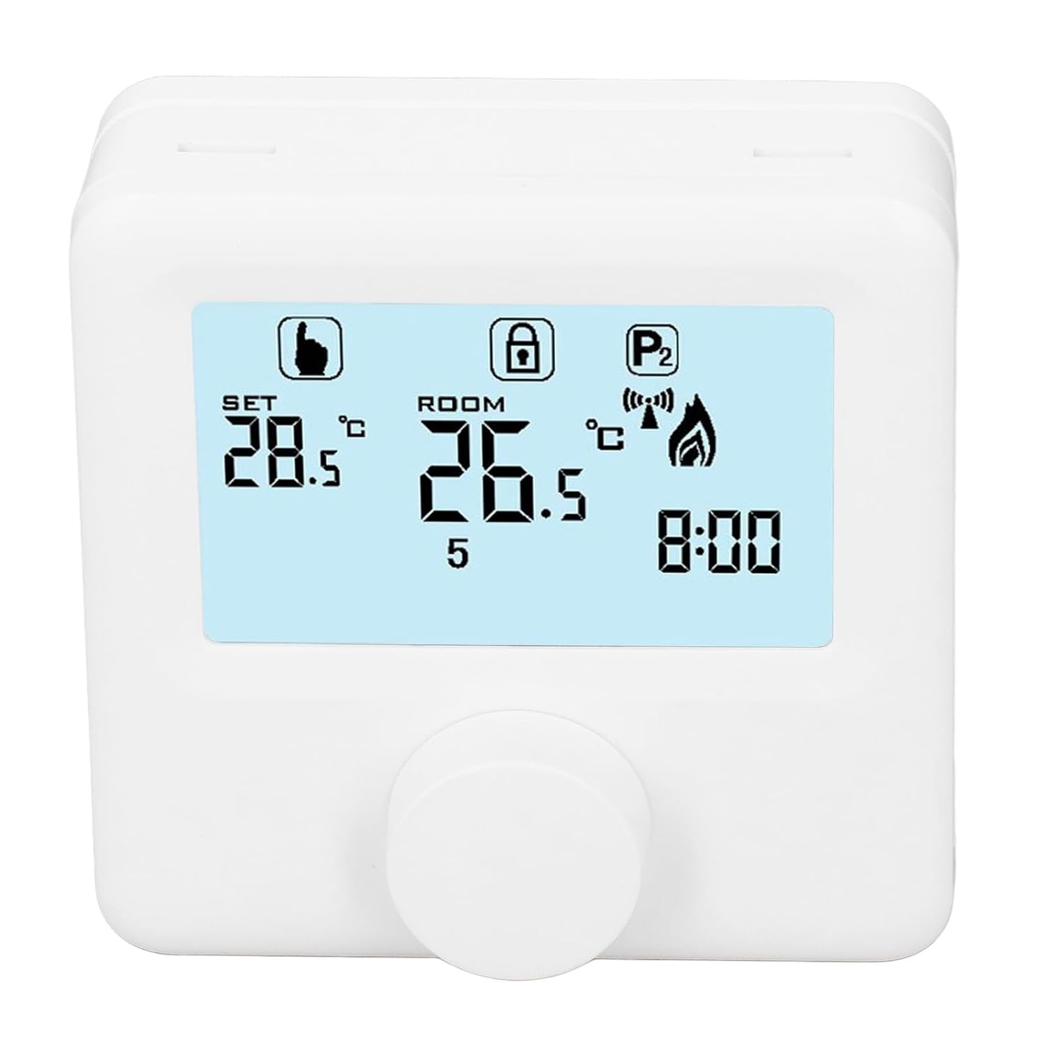 Close-up front view of the EVTSCAN Digital Thermoregulator's LCD display, showing various icons and numerical values for temperature and time.