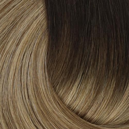 Image of Full Shine Seamless Clip in Hair Extensions Human Hair, Black Ombre Chestnut Brown Mix Caramel Blonde, Lace Weft, for Women, 14 Inch 60g 3 Pcs