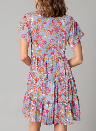 Image of Dokotoo Womens Summer Casual Boho Floral Dresses 2026 V Neck Short Sleeve Sundresses Flowy Swing A-Line Mini Dress