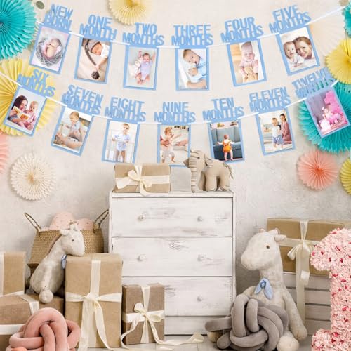 Image of Velunza Baby Monthly Photo Banner Blue First Year Milestone Photo Banner Newborn to Twelve Months Photo Display for Baby Shower, First Birthday Decoration - 13 Cards