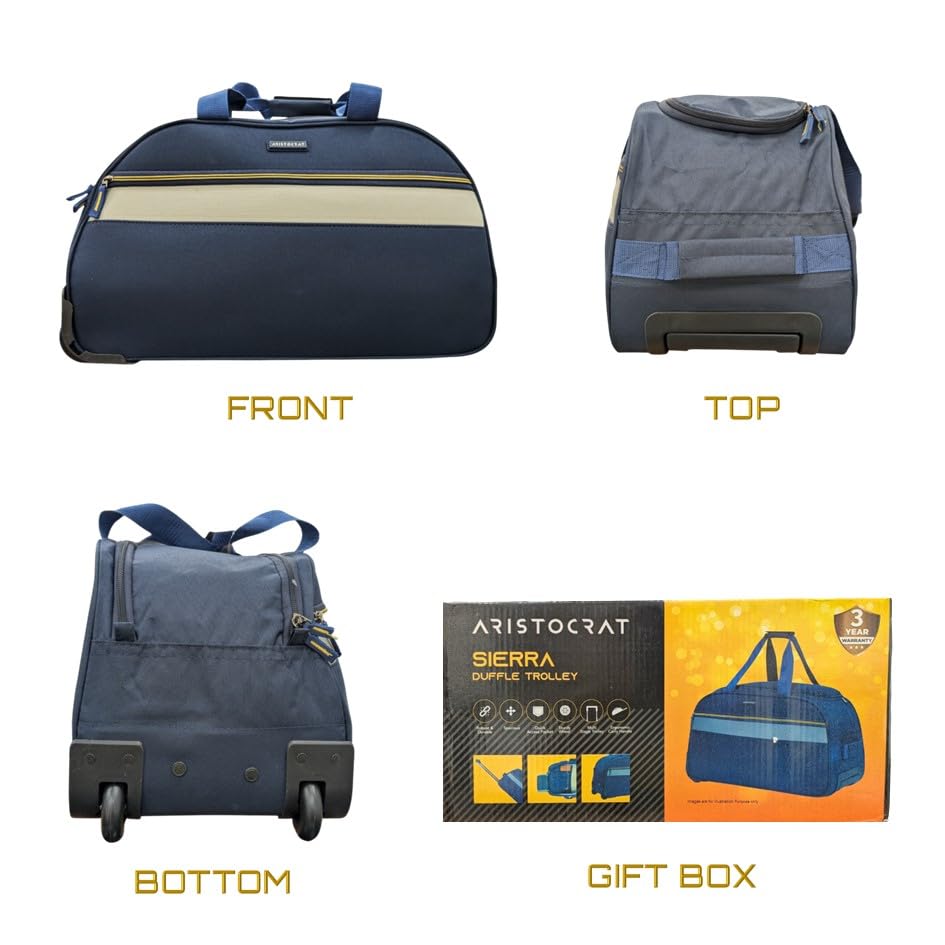 Image of Aristocrat Sierra Duffle Trolley Bag, Navy Blue, Telescopic Trolley, Top Grab Handle, Dual Wheels, 3 Years Warranty, Gift Box Packaging