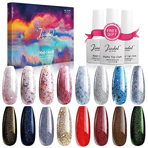 JIADEL Gel Nail Polish Colors Set,Confetti Glitter Gel Nail Polish With No Wipe Base and Top Coat,Soak Off UV LED Nail Art Salon Starter Manicure Kit