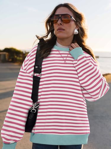 Image of PRETTYGARDEN Womens Striped Oversized Sweatshirt Color Block Crew Neck Long Sleeve Casual Loose Pullover Top Y2K Clothes