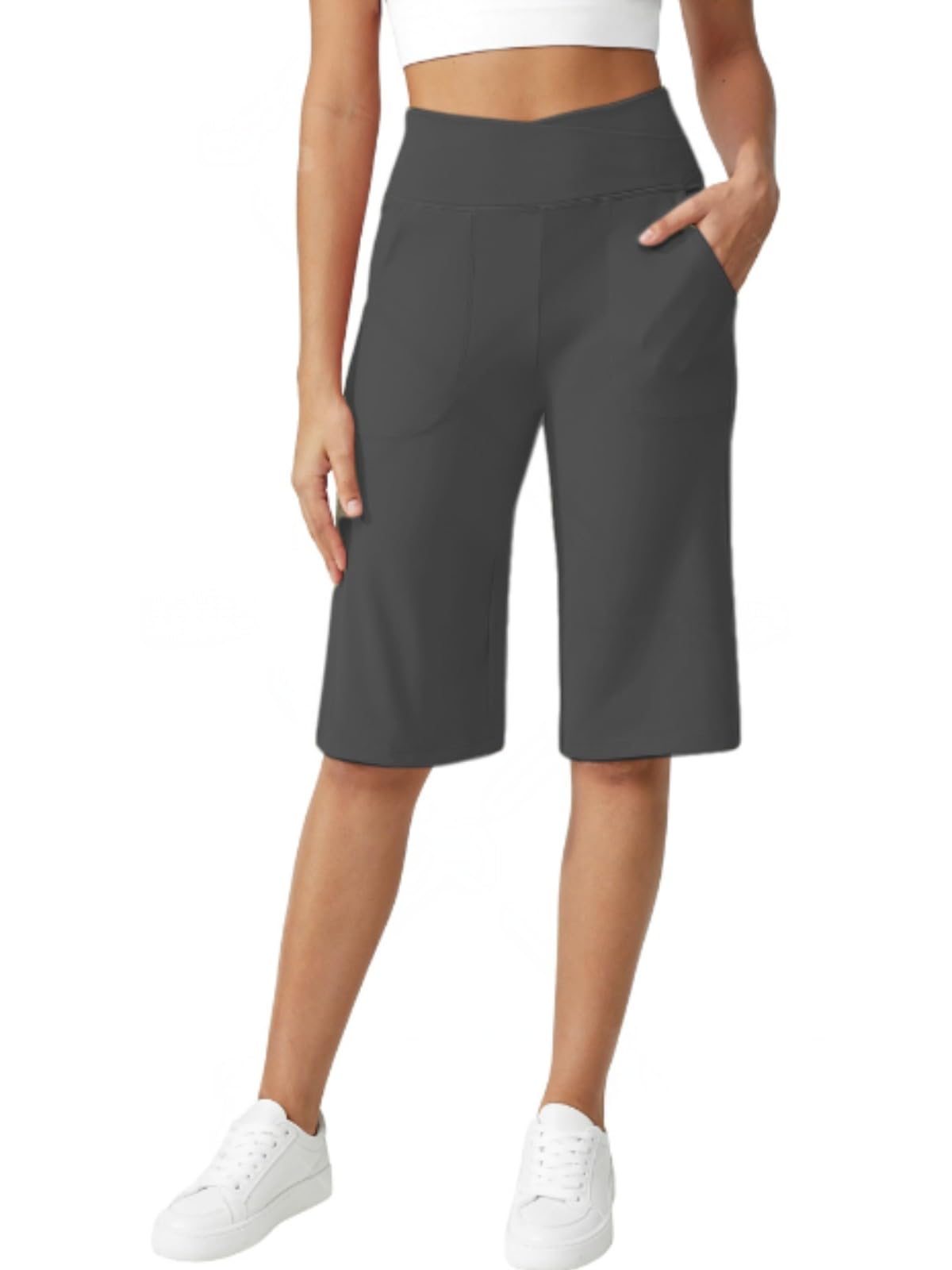 Crossover Capri Pants for Women 14 Knee Length Wide Leg Yoga Cropped Pants with Pockets Casual Summer Lounge