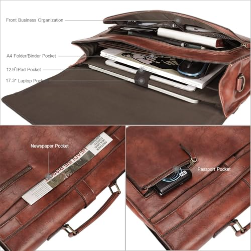Image of ESTARER Men's Leather Briefcase 17.3 Inch Laptop Messenger Bag for Office /Business /Travel, Professional Leather Computer Shoulder Bag, Brown