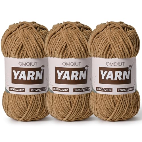 Image of 3 Packs Plush Chenille Chunky Crochet Yarn - Baby Yarn for Crocheting Soft - Velvet Yarns Knitting for Blankets Crafts - Fluffy Amigurumi Yarns 300g / 393yd (3 Light Coffee)