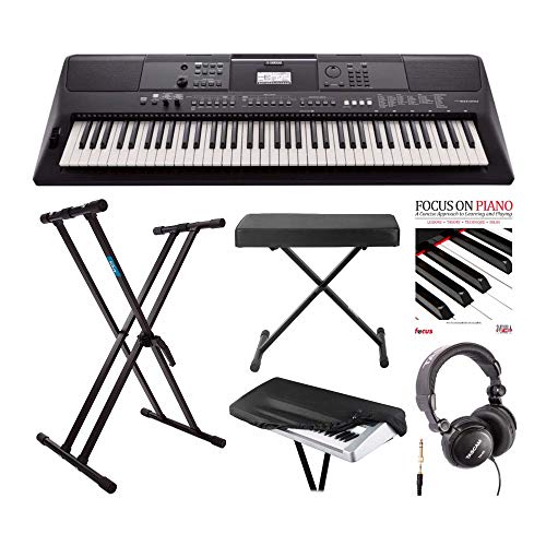 Yamaha PSREW410 76-key Portable Keyboard with Power Adapter, Knox Double X Stand, Bench ,Dust Cover ,Headphones and Focus Piano Book Bundle