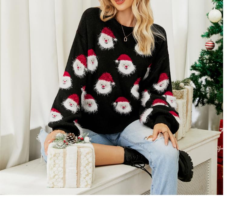 Ugly Christmas Sweaters for Women Cute Santa Knitted Pullover Casual Loose Crewneck Long Sleeve Ugly Xmas Sweaters Ladies2