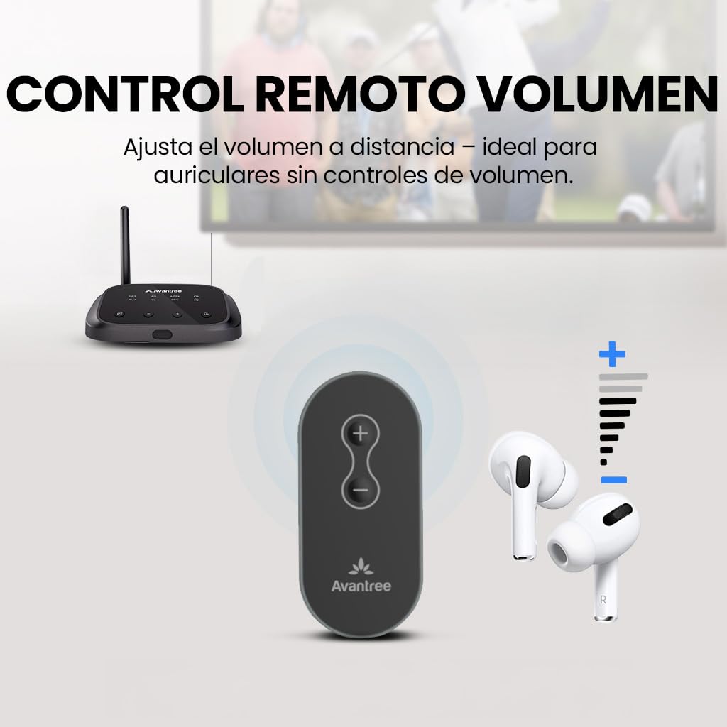 Avantree Oasis Plus 2 – Transmisor Bluetooth para TV con Control de Volumen Remoto, Compatible con Dos Auriculares, aptX‑Adaptive, passthrough de Barra de Sonido, para TV con Salida óptica o AUX