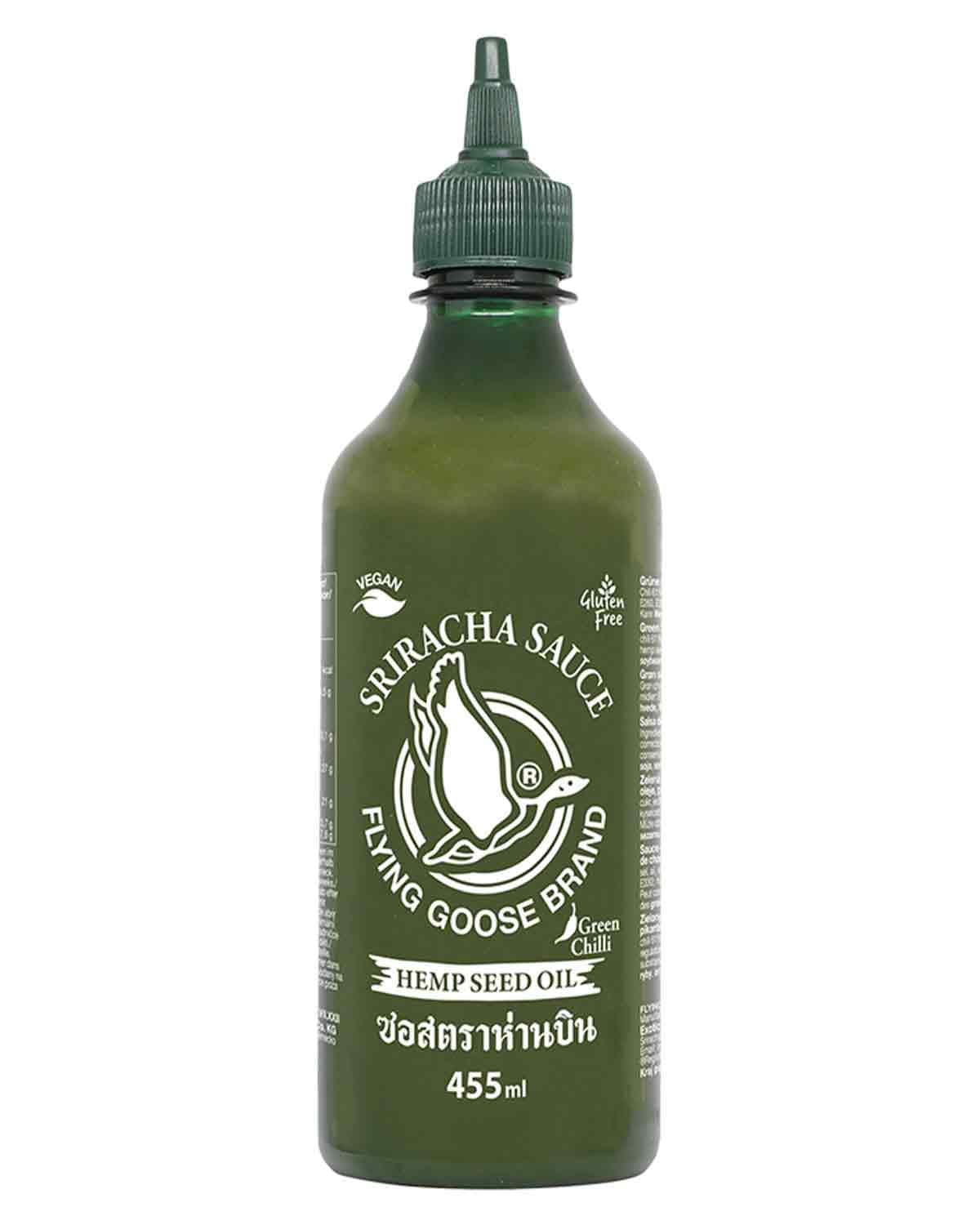 FLYING GOOSE Sriracha Chilisauce, mit Hanfsamenöl, scharf, dunkelgrüne Kappe, scharfe Würzsauce aus Thailand, vegan, glutenfrei, 1 x 455 ml