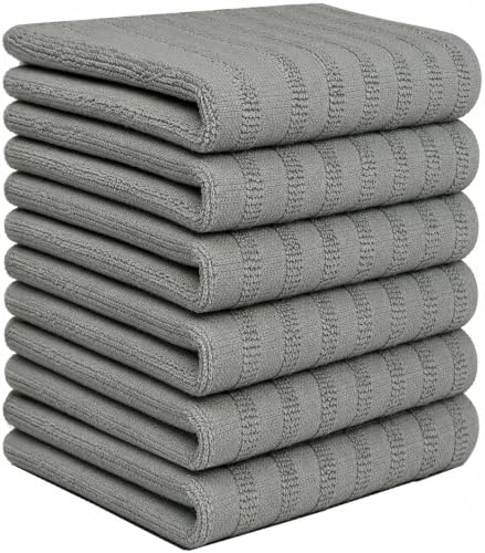 Image of Premium Kitchen Towels (20 inchx 28 inch, 6 Pack) | Large Cotton Dish Towels 450 GSM | Highly Absorbent Terry Kitchen Linen Set with Hanging Loop | Gray Solid