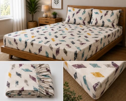 Image of Fitted Bedsheet White Multicolor Abstract Print Glace Cotton 210 TC | King Size for Double Bed Fits 6 x 6.5 ft Mattress (72 x 78 Inch) | All Around Elastic | 2 Pillow Covers | 10 Inch Deep Pocket