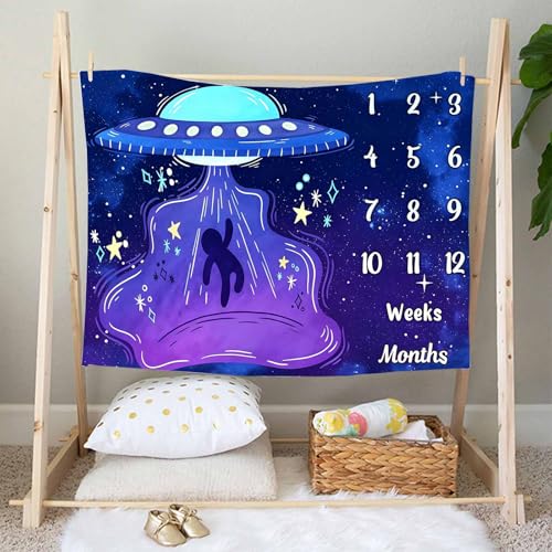 Image of UFO Baby Monthly Milestone Blanket, 48x40in Soft Flannel, Alien Round Spaceship, Newborn Mom Gifts, Baby Shower Age Growth Tracker with Bonus Maker (Purple Blue, 48x40in)