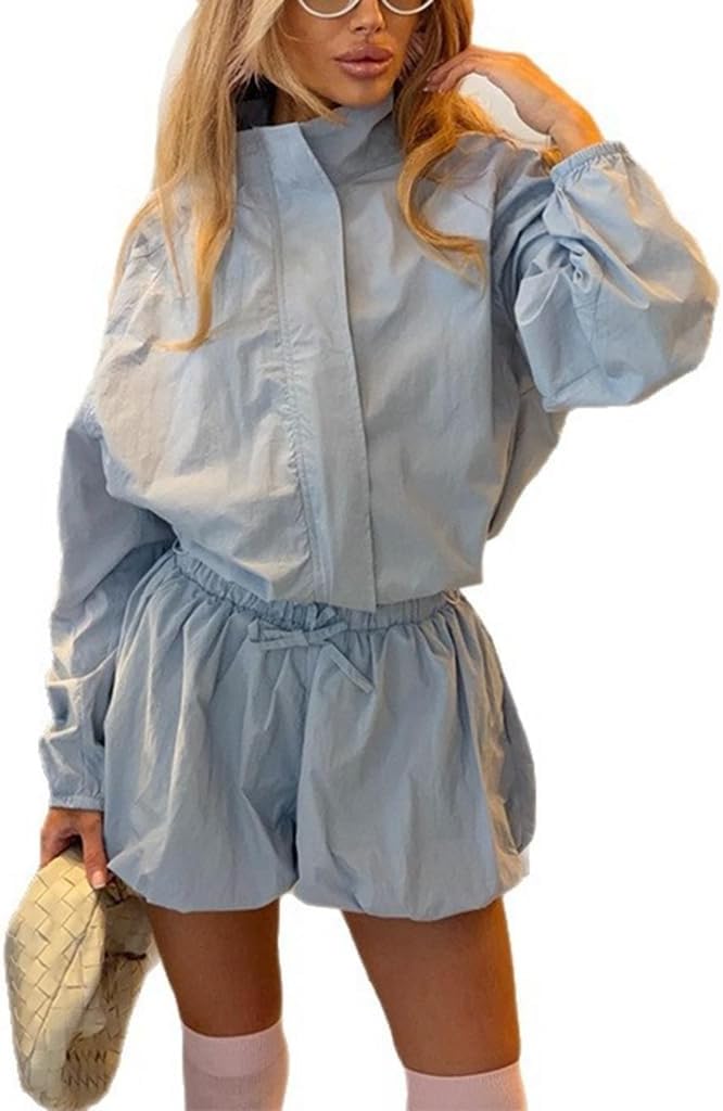 THLAI Women Two Piece Outfits Solid Color Zip Up Jacket and Drawstring Shorts Set Casual Sporty Outfits