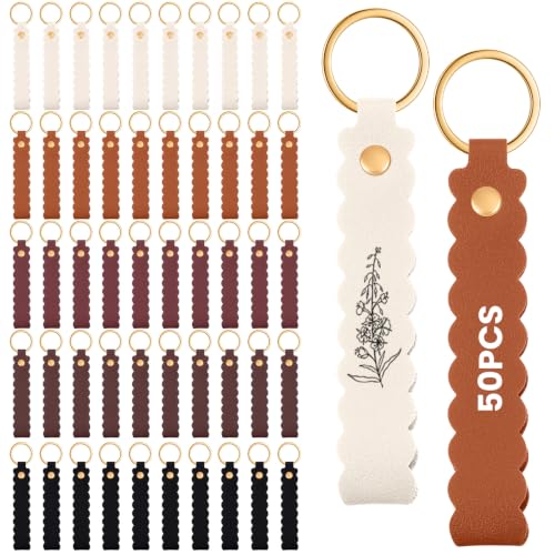 Image of Scalloped PU Leather Keychain Blanks Laser Engraving Blanks Loop Keychain Kit with Key Ring for DIY
