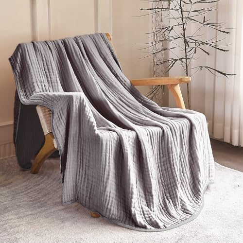 Image of SANACYNA Muslin Blankets 100% Cotton 6-Layer Gauze Gray Grid Bed Blanket Lightweight Soft and Breathable King Blanket for Sofa Couch Bed Coverlet Both Sides (Grey, King 90 inch X 104 inch)