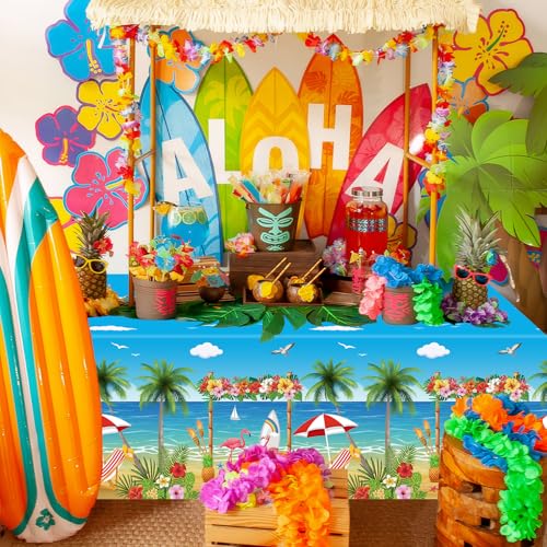 Image of 4 Pack Beach Theme Party Tablecloth Aloha Luau Hawaiian Birthday Table Cloth Flamingo Surfboard Table Cover Disposable Pool Decorations for Baby Showers Seaside Beach Pool Party Supplies 51 x 86 in