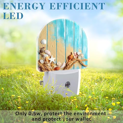 Image of Night Light Plug into Wall Shells and Blue Wooden Planks Night Light with Dusk to Dawn Sensor Night Light for Kid Girls Boys Women Men Room Decor, Hallway, Kitchen, Bathroom, Nursery, Stairs