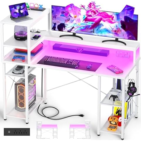 Cyclysio 55 inch Gaming Desk with LED Light, Reversibel Computer Desk with 7-Tier Storage Shelves, Home Office Desk with Power Outlets, Computer Gaming Desk with Monitor Stand for Small Space, White Cover