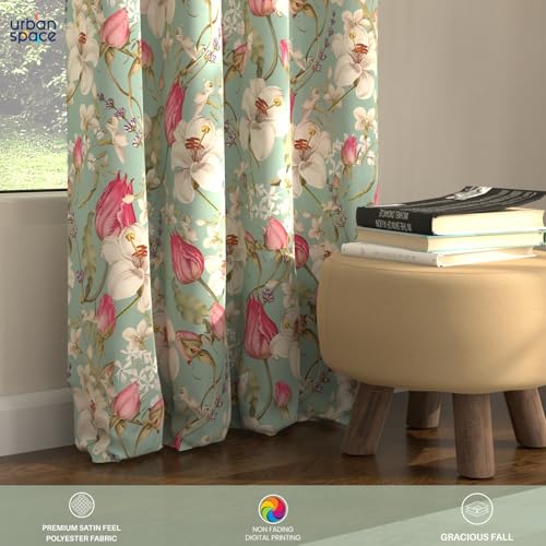 Image of Urban Space Blackout Curtains 5 Feet Set of 2 for Window, 80-85% Light Blocking Curtains for Living Room, Digital Printed Curtains with Eyelets, Tieback Included (Flora nova sage, 5 Feet)