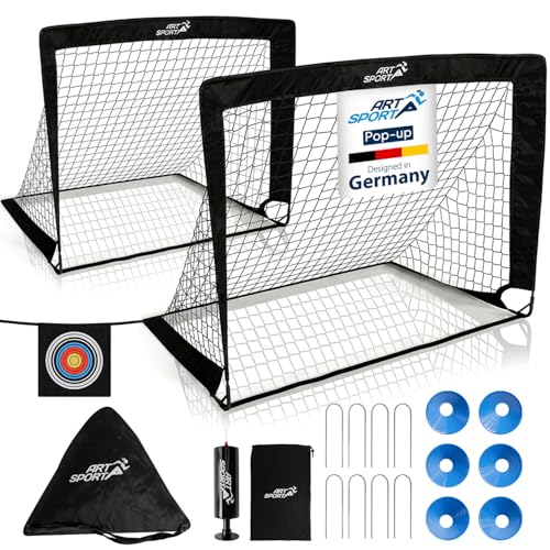 ArtSport Pop-up Fußballtor Goal Master - 2er Set mit Zubehör - faltbar & schnell spielbereit - 2 Fußballtore Indoor & Garten - Fußball Tor - Schwarz