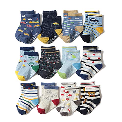Looching 12 Pairs Baby Boy Non-Skid Ankle Cotton Sock with Grip Newborn Toddler Kid 0-5T Dress Crew(3-5T)